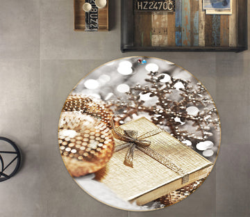 3D Golden Ball Gift Box 55163 Christmas Round Non Slip Rug Mat Xmas