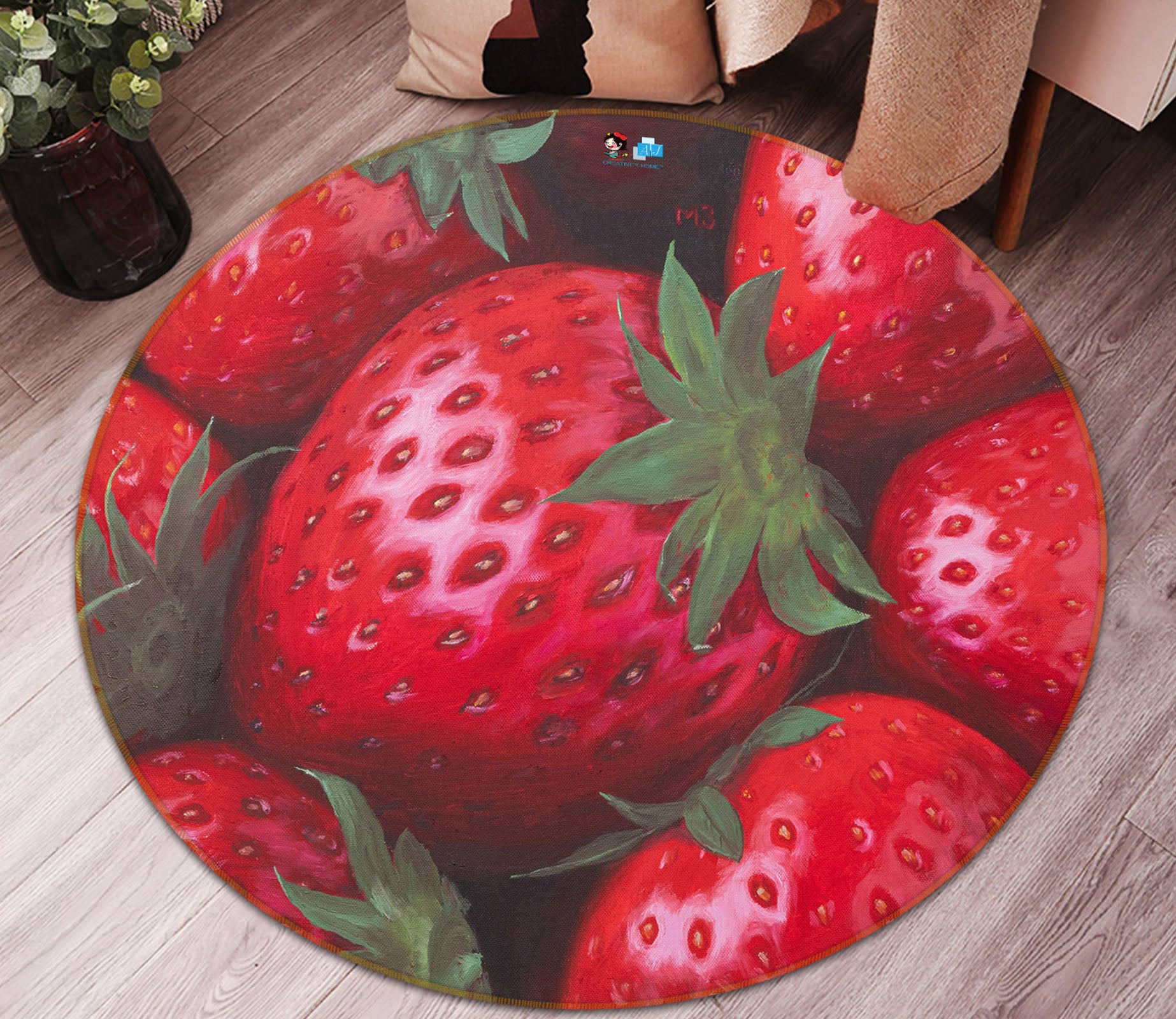 3D Strawberry 18161 Marina Zotova Rug Round Non Slip Rug Mat