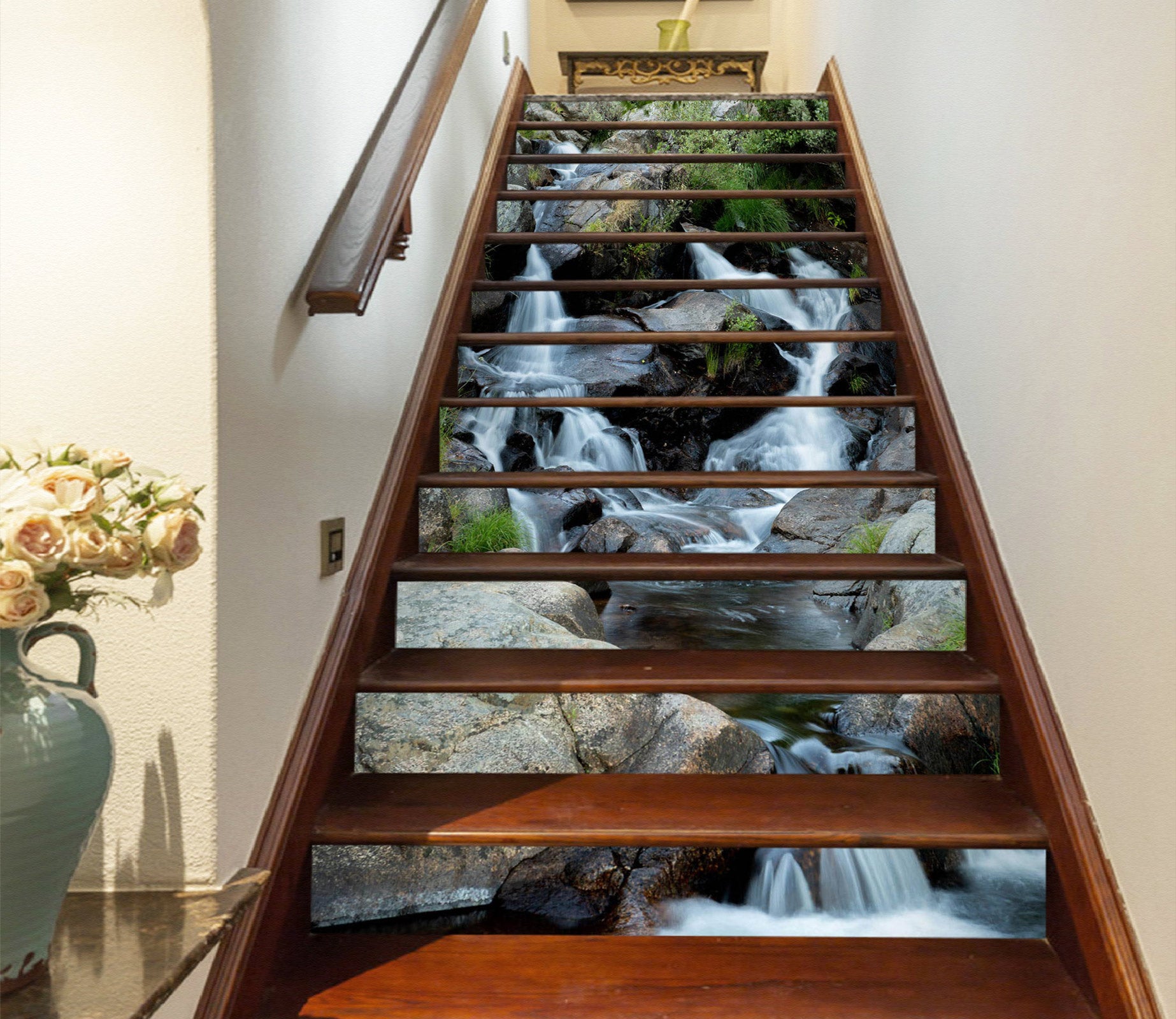 3D Dark Stone Flowing Water 357 Stair Risers