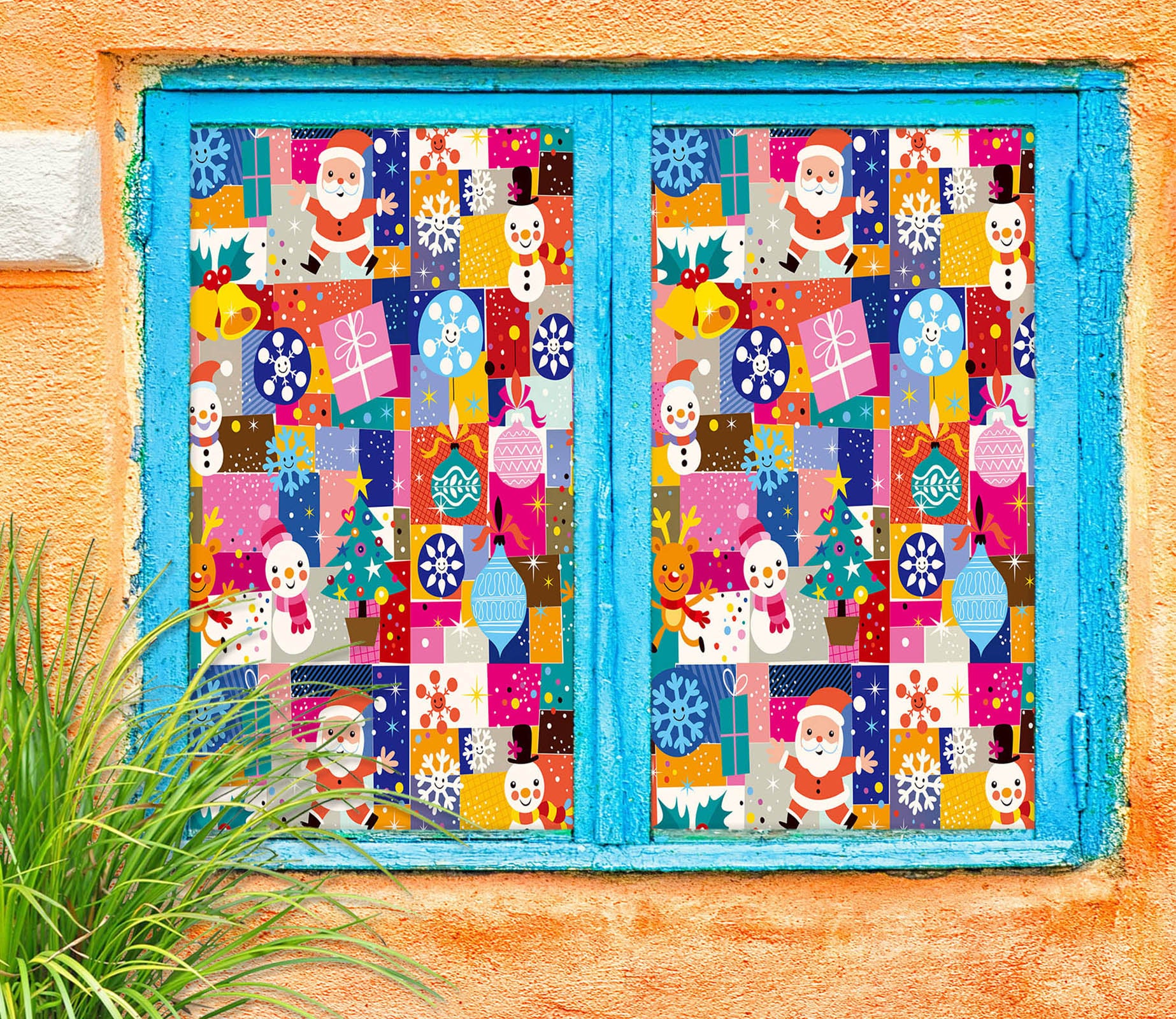 3D Santa Claus Colorful Squares 30012 Christmas Window Film Print Sticker Cling Stained Glass Xmas