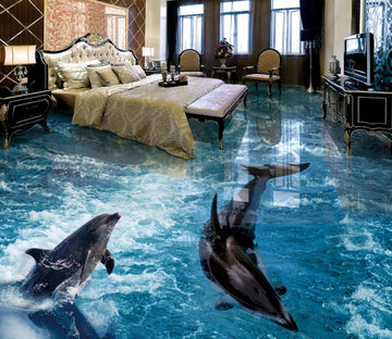 3D Churning Fish 025 Floor Mural  Self-Adhesive Sticker Bathroom Non-slip Waterproof Flooring Murals