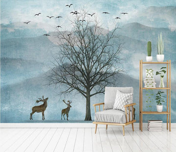 3D Indigo Dead Tree And Deer 2063 Wall Murals