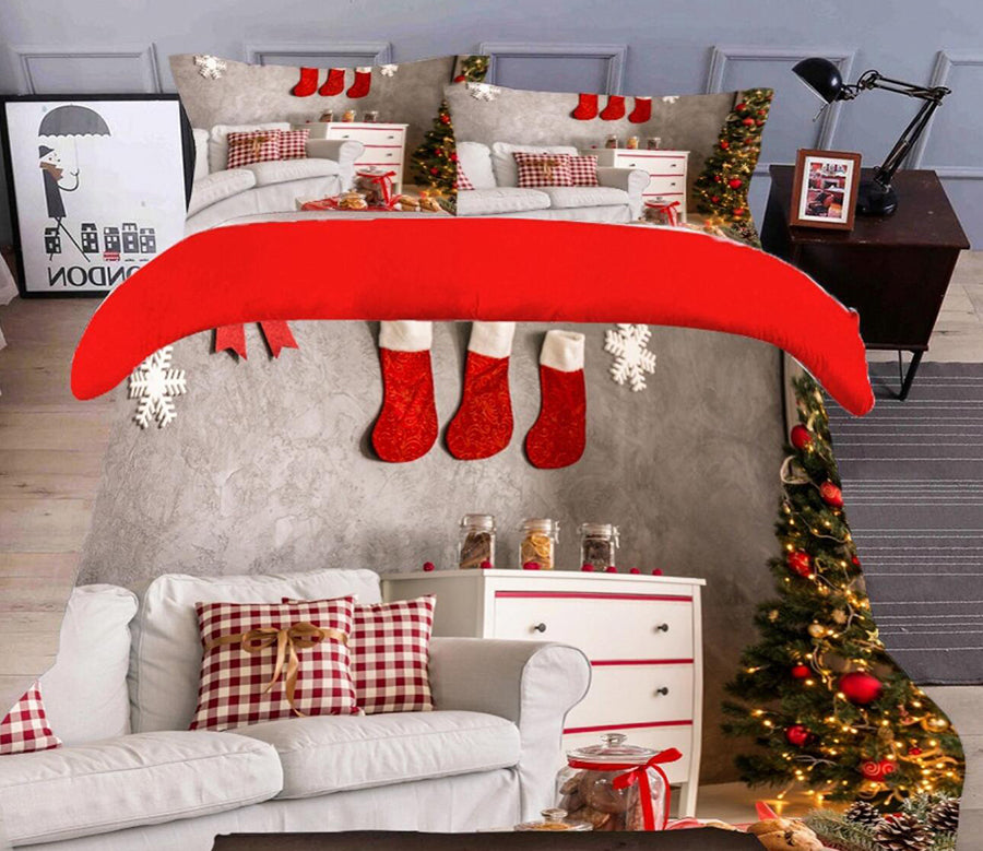 3D White Sofa Red Socks 32052 Christmas Quilt Duvet Cover Xmas Bed Pillowcases