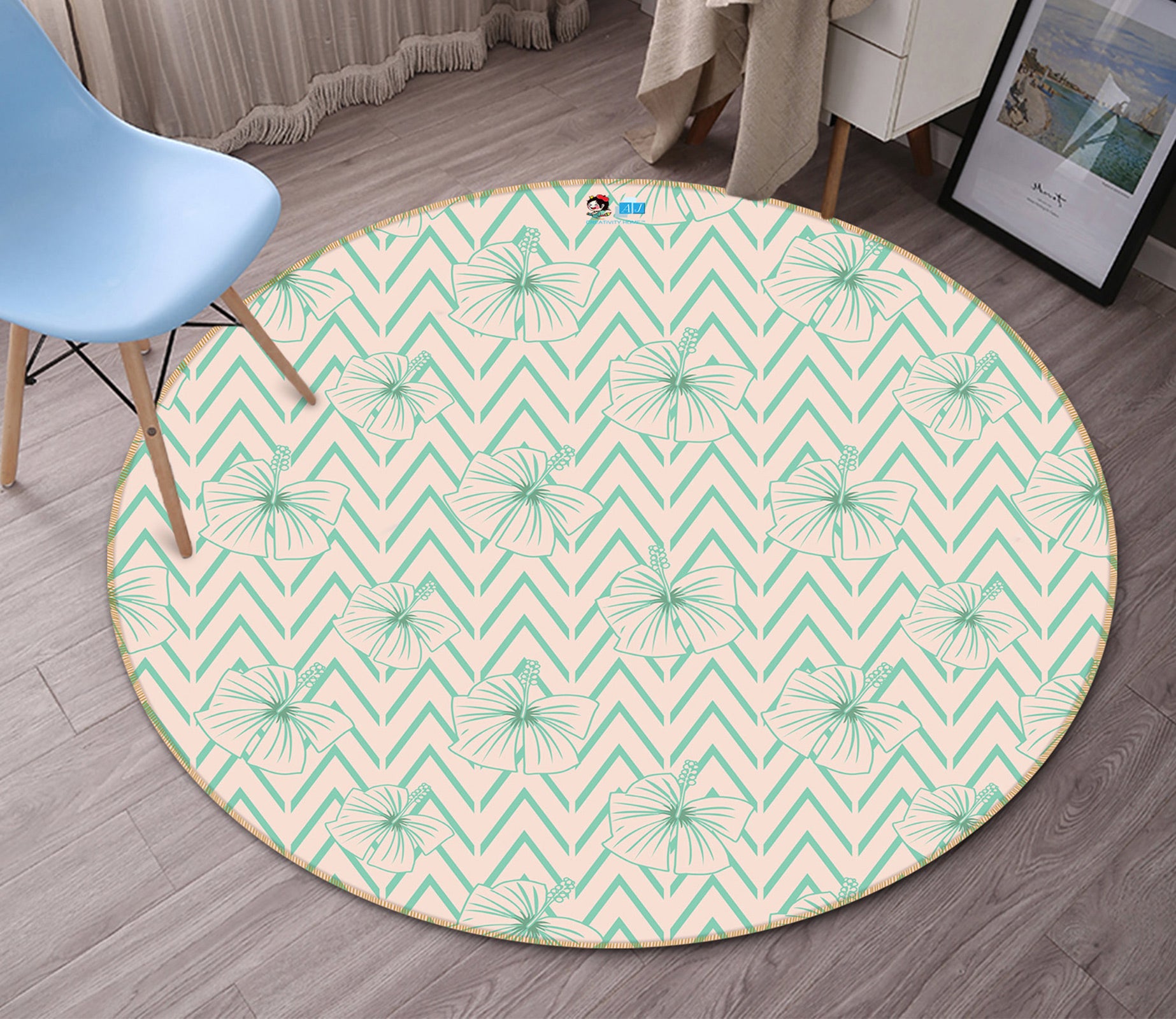 3D Green Flower Stripes 9892 Kasumi Loffler Rug Round Non Slip Rug Mat