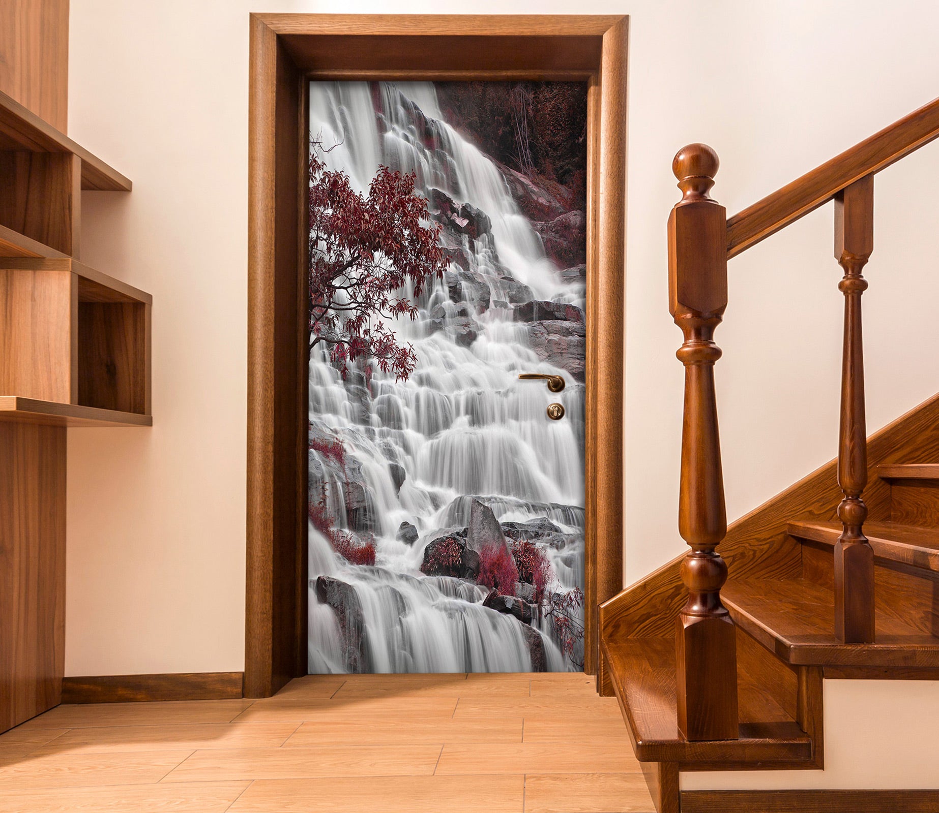 3D Waterfall Red Tree 007 Door Mural