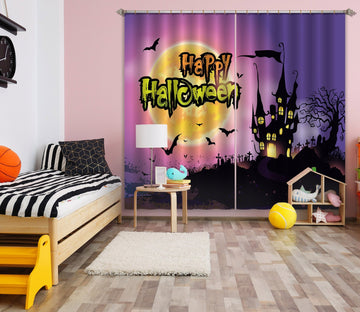 3D Moon Haunted House 023 Halloween Curtains Drapes Curtains AJ Creativity Home 