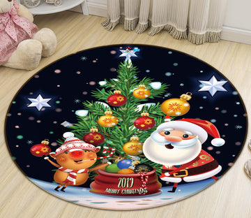 3D Santa Tree Deer 56068 Christmas Round Non Slip Rug Mat Xmas