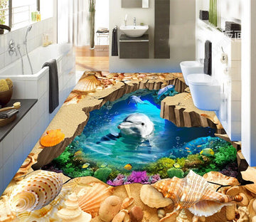 3D Free Dolphin 054 Floor Mural  Self-Adhesive Sticker Bathroom Non-slip Waterproof Flooring Murals