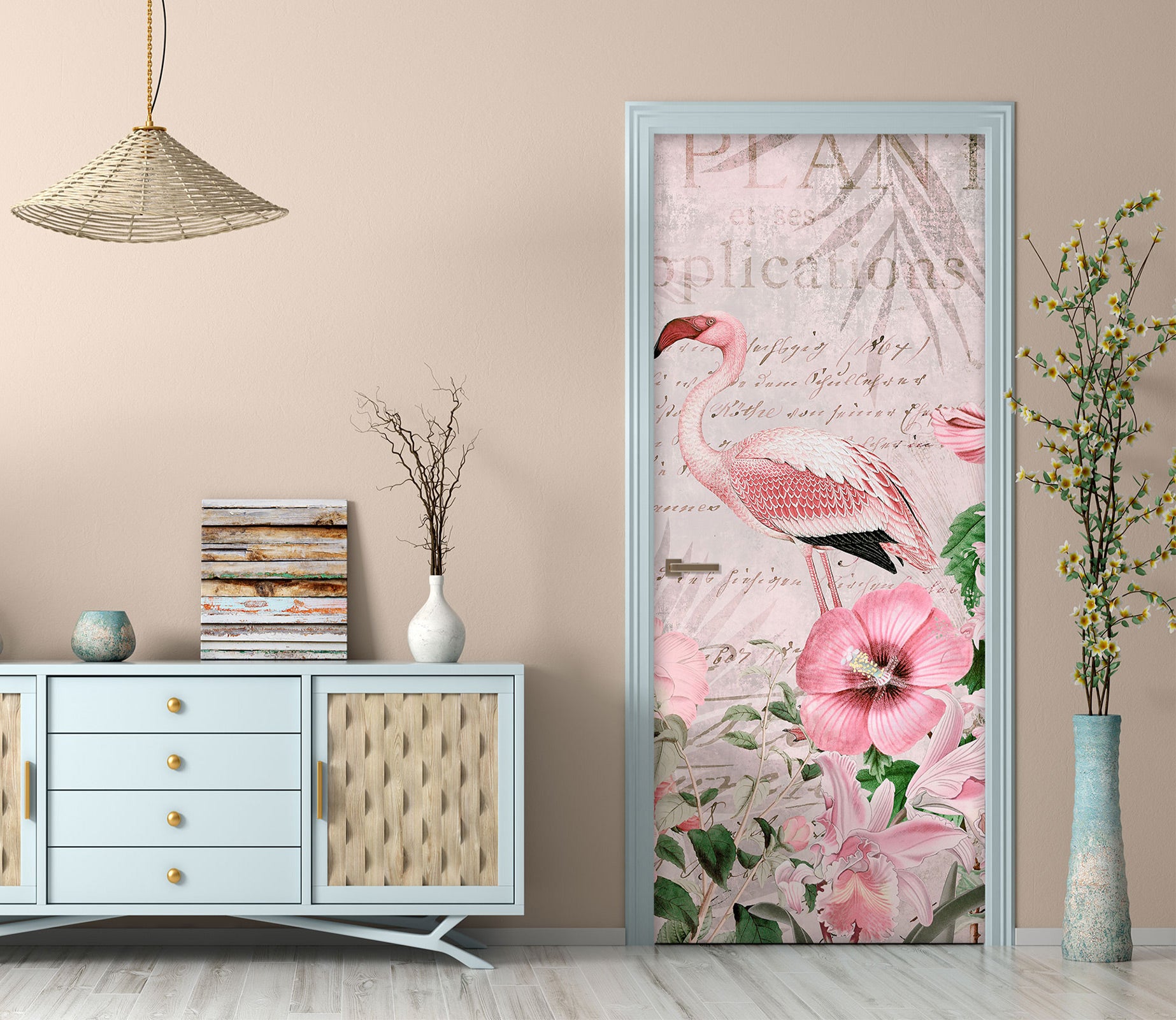 3D Pink Flamingo Flowers 118116 Andrea Haase Door Mural