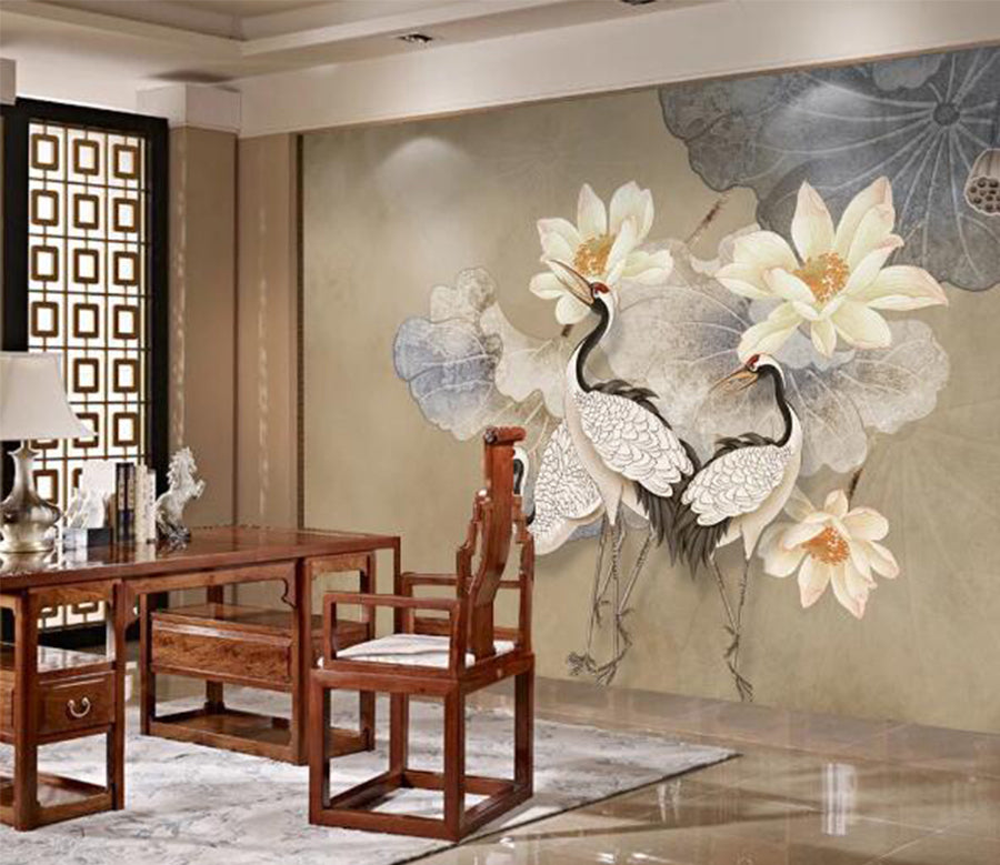 3D White Crane Lotus WC1505 Wall Murals