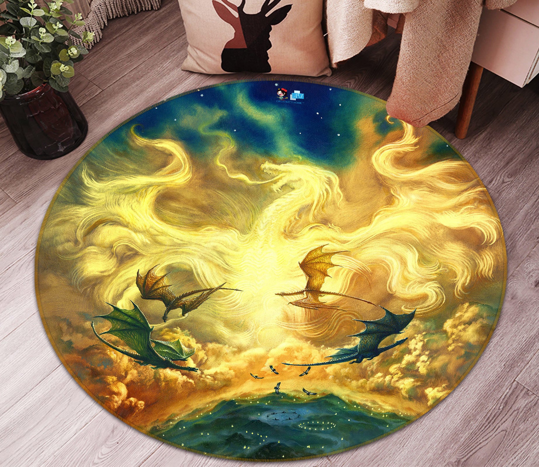 3D Dragon Pattern 6143 Ciruelo Rug Round Non Slip Rug Mat