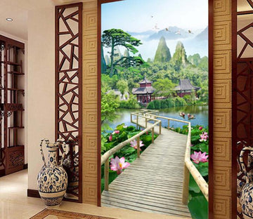 3D Pavilion Pond Lotus Mountain Wallpaper AJ Wallpaper 1 