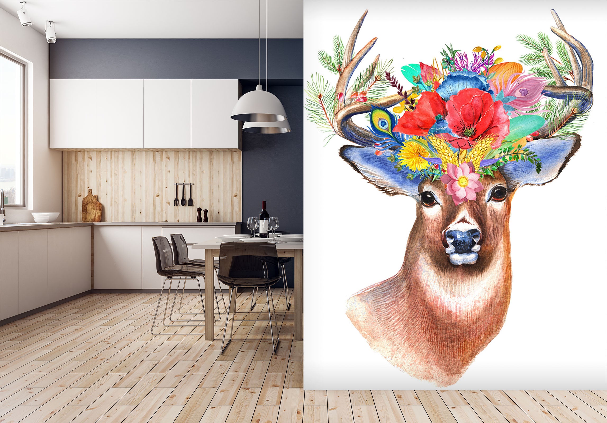 3D Deer Flower 122 Wall Murals