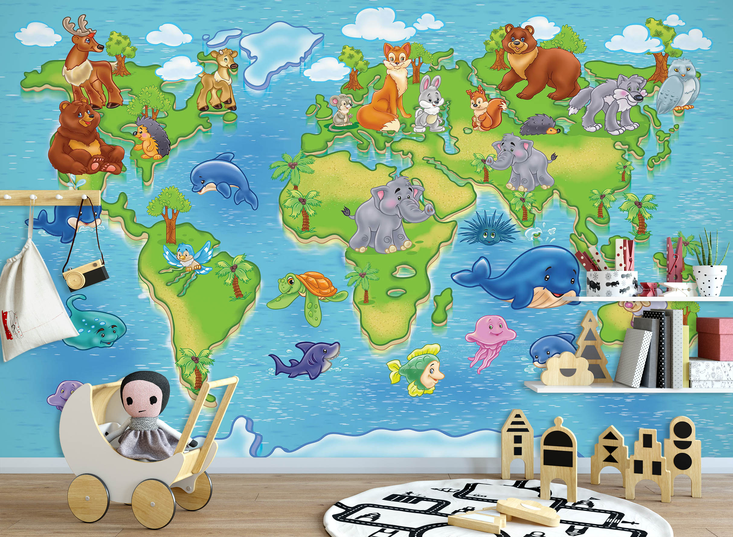 3D Oasis Animals 2041 World Map Wall Murals