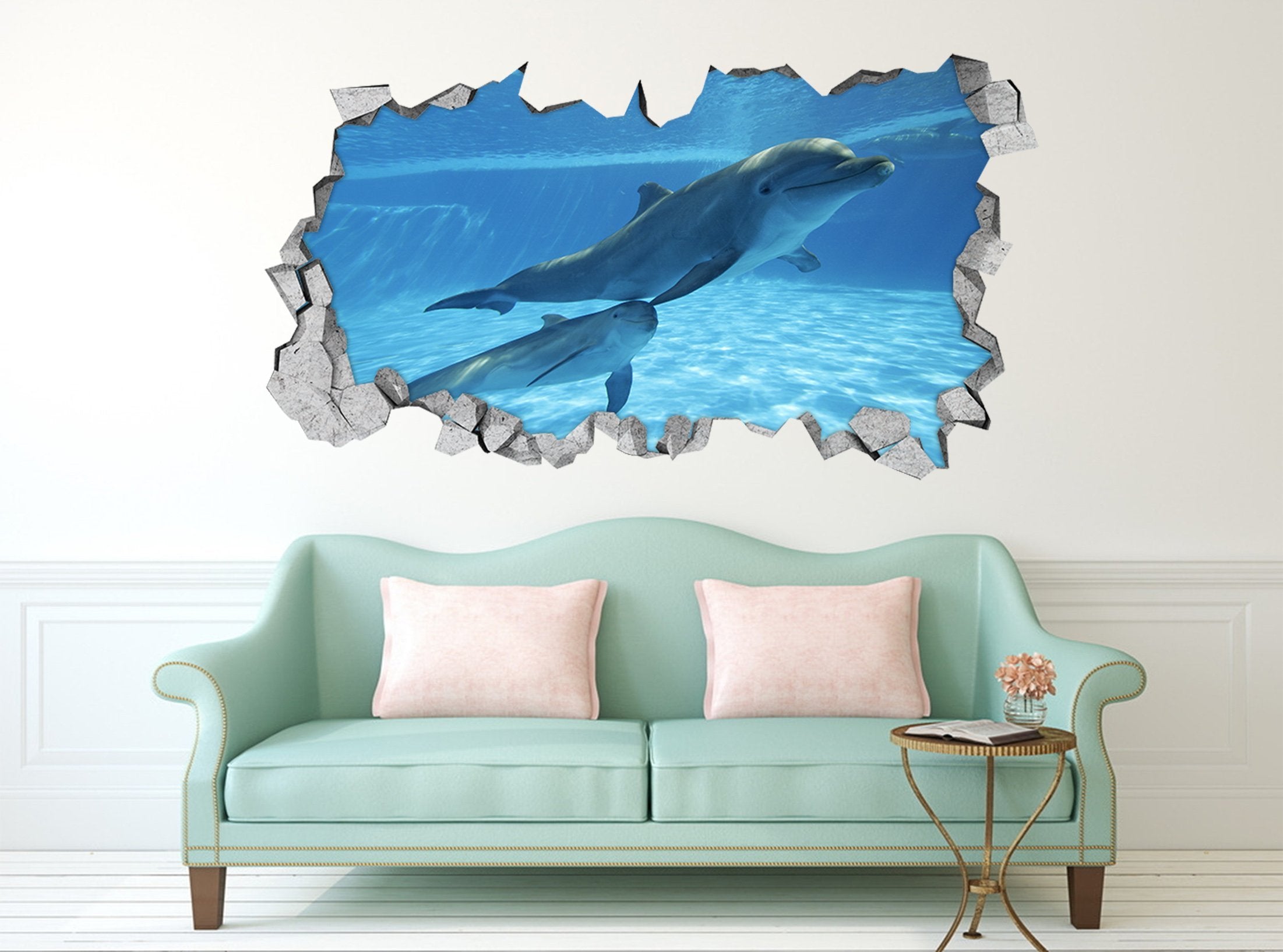 3D Sea Swimming Dolphins 046 Broken Wall Murals Wallpaper AJ Wallpaper 