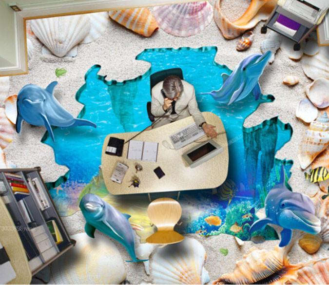 3D Shell Dolphin Floor Mural Wallpaper AJ Wallpapers 