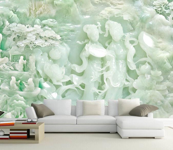 3D Green Jade Carving People Tree Wallpaper AJ Wallpaper 1 