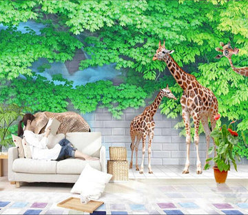 3D Giraffe Green Leaf Wallpaper AJ Wallpaper 1 