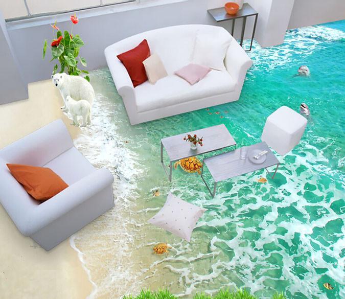 3D Roaring Waves Sandy Beach Floor Murals Wallpaper AJ Wallpapers 