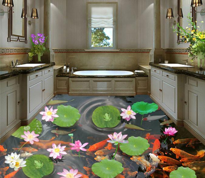 3D Lotus Goldfish Pond Floor Murals Wallpaper AJ Wallpapers 