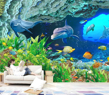 3D Submarine World Ocean Dolphin Aquatic Cave Wallpaper AJ Wallpaper 1 