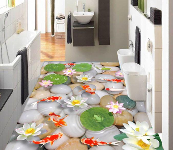 3D Green Lotus Flower Stones Floor Mural Wallpaper AJ Wallpapers 