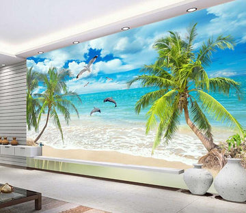 3D Ocean Wave Beach Coconut Tree Wild Goose Wallpaper AJ Wallpaper 1 