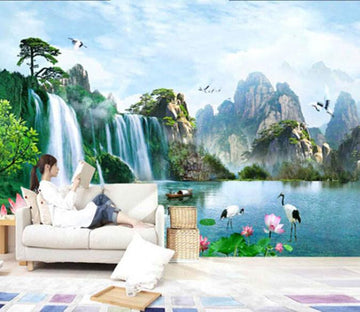 3D Mountain Waterfall Crane Lotus 1 Wallpaper AJ Wallpaper 1 