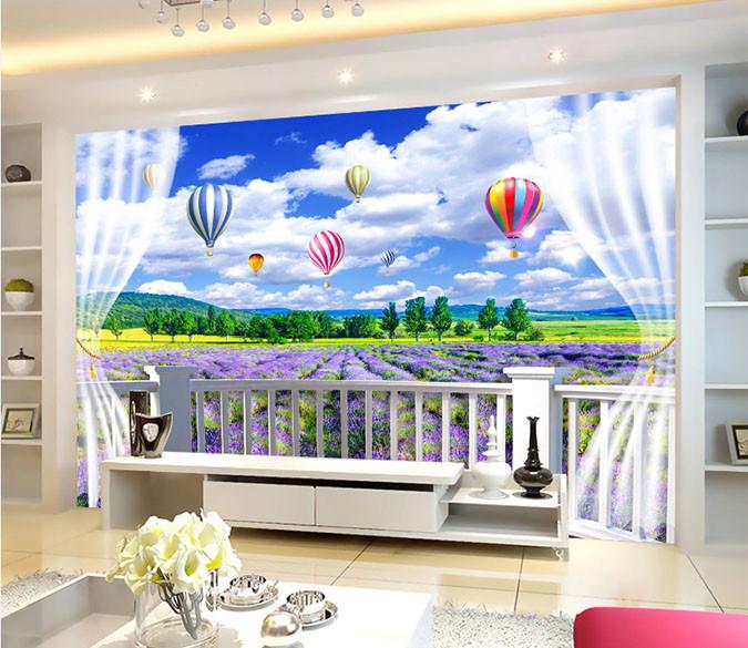 3D Window Lavender Garden Balloon Mountain Sky Wallpaper AJ Wallpaper 1 
