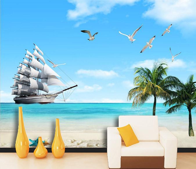 3D Sunny beach boat birds Wallpaper AJ Wallpaper 1 