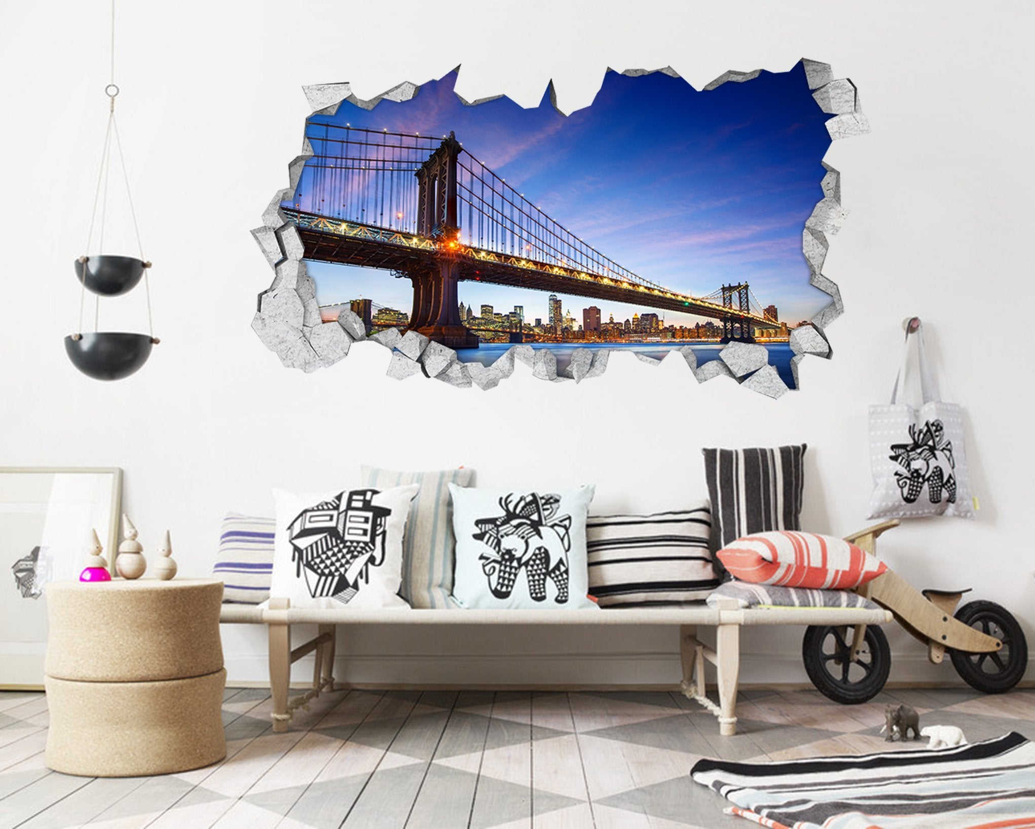 3D New York Manhattan Bridge 387 Broken Wall Murals Wallpaper AJ Wallpaper 