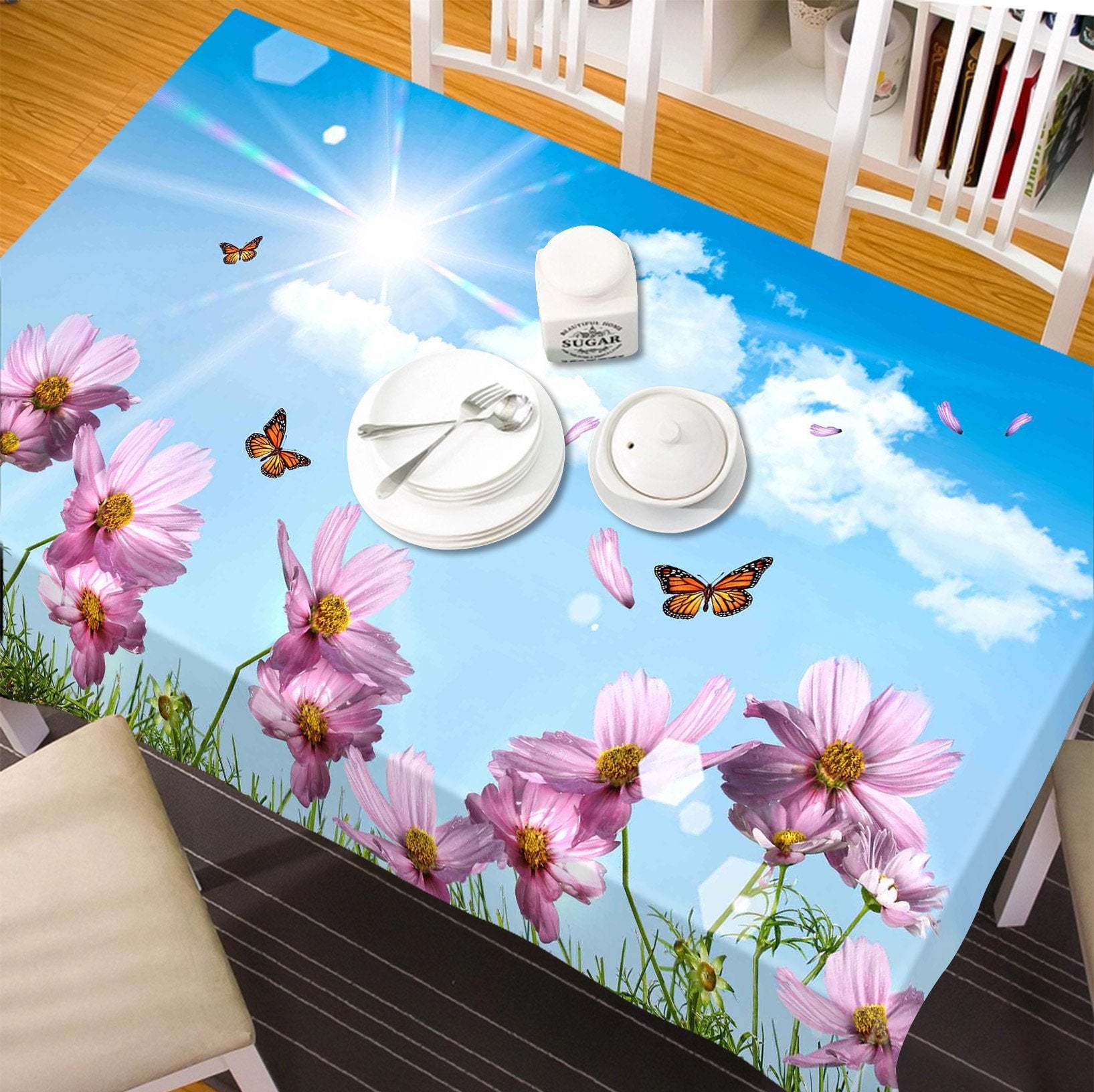 3D Flowers Butterflies Blue Sky 289 Tablecloths Wallpaper AJ Wallpaper 