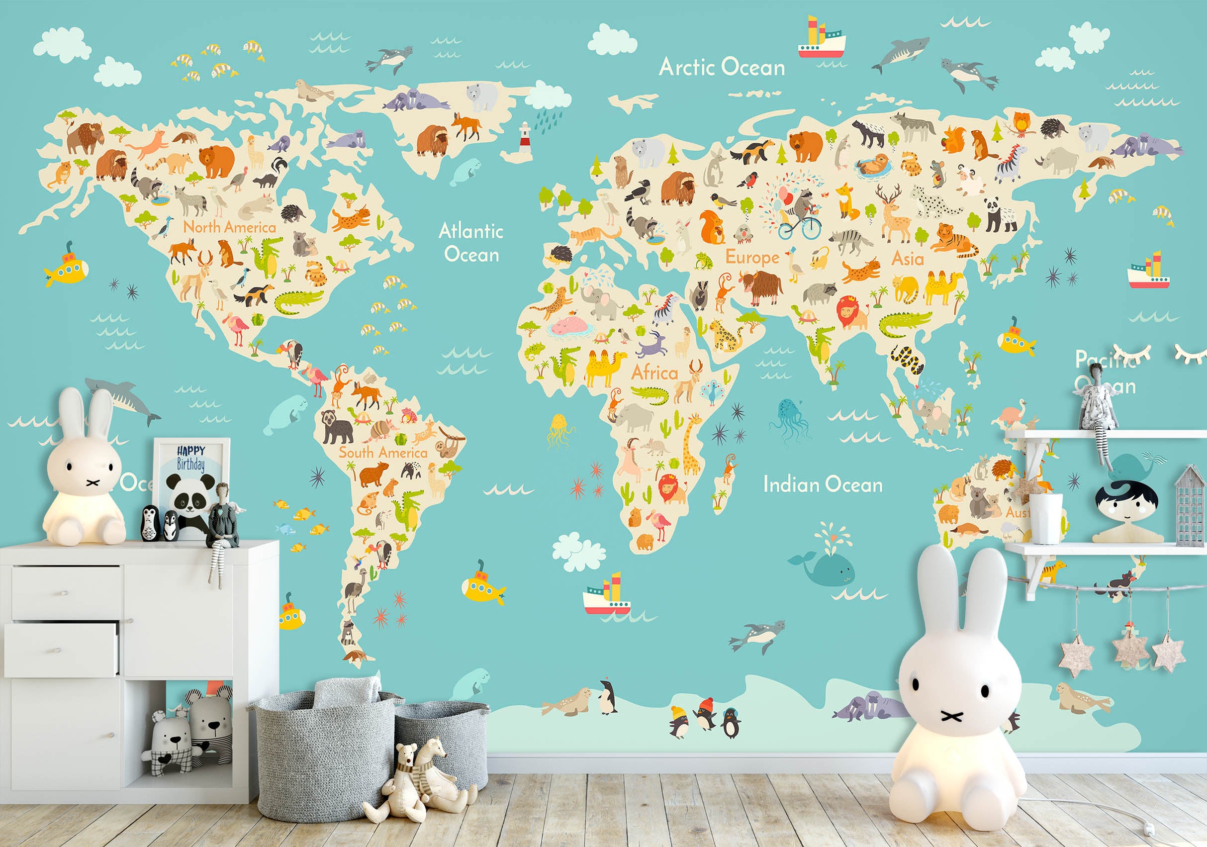 3D Animal Growth 2067 World Map Wall Murals