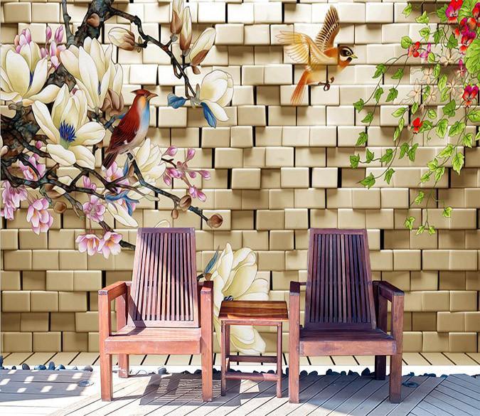 3D Brick flower colorful birds Wallpaper AJ Wallpaper 1 