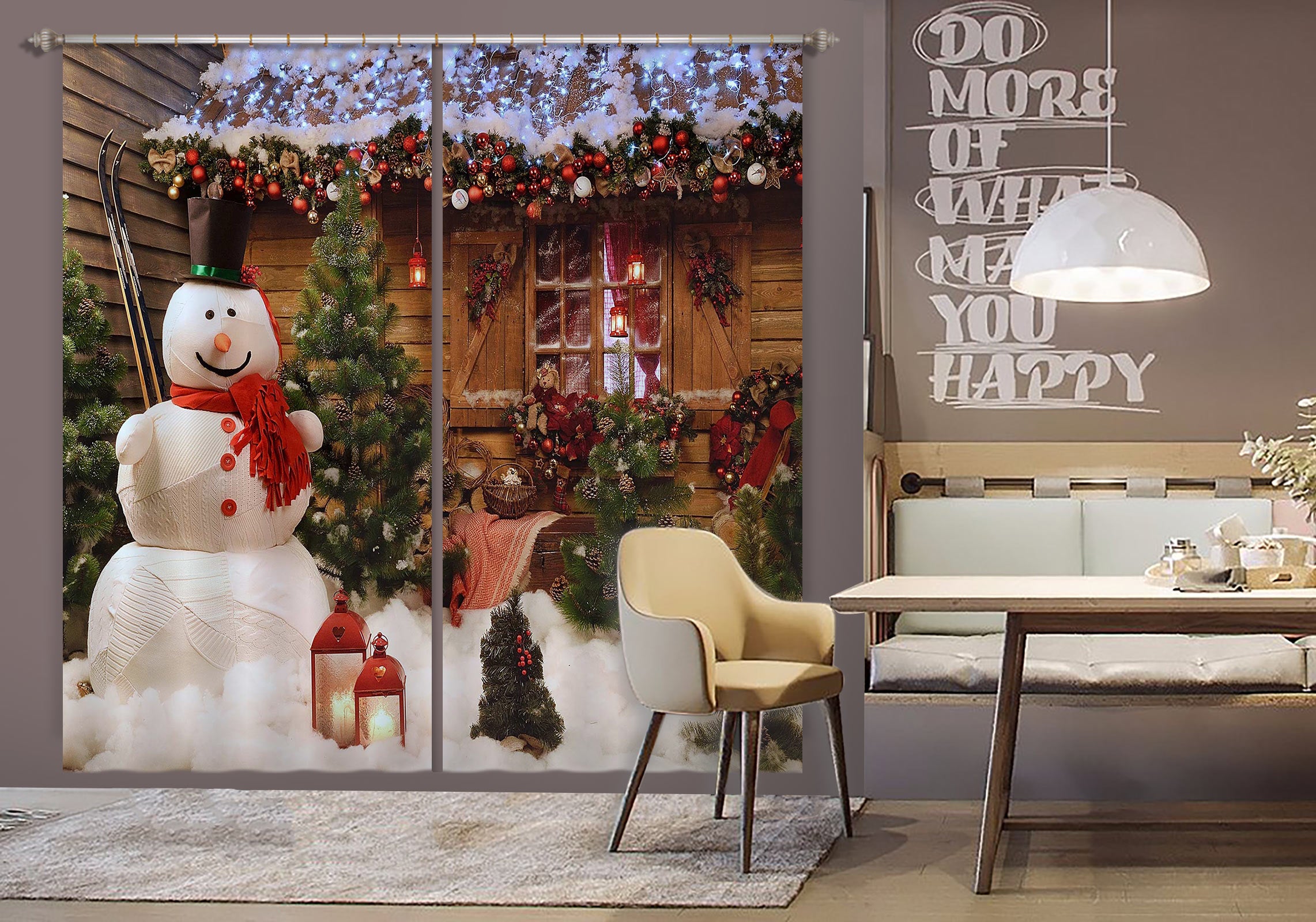 3D Snowman Wooden House 53134 Christmas Curtains Drapes Xmas