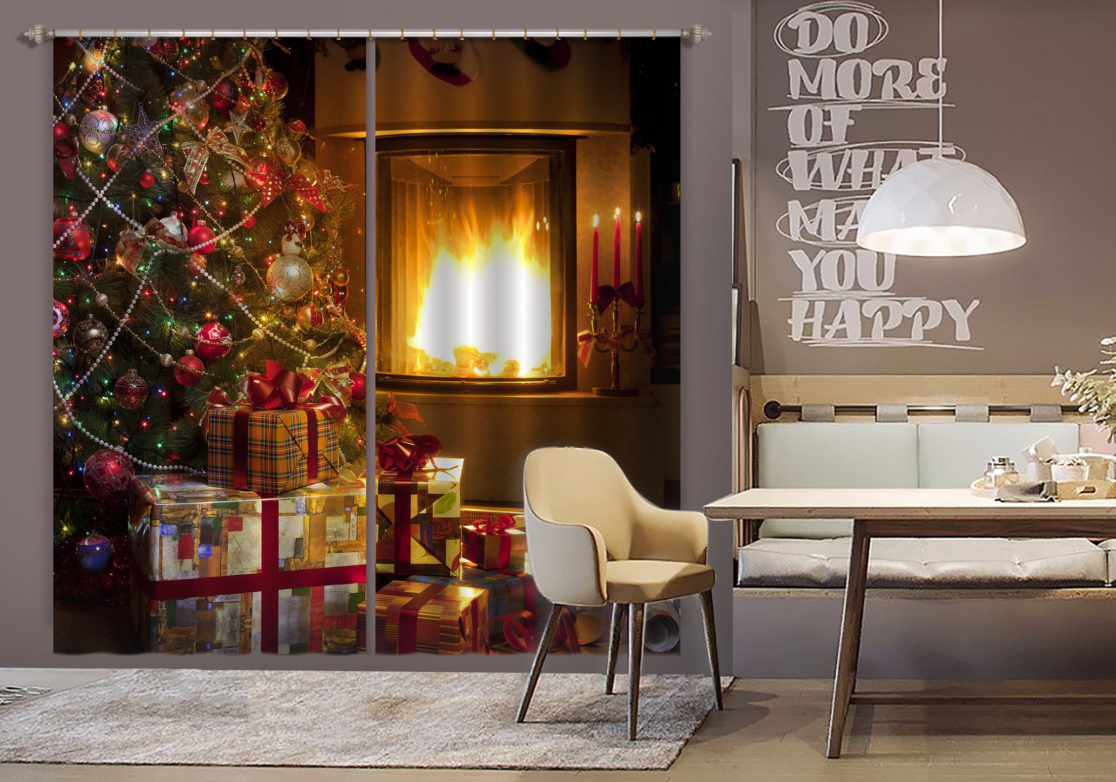 3D Tree Gift Fireplace 53055 Christmas Curtains Drapes Xmas