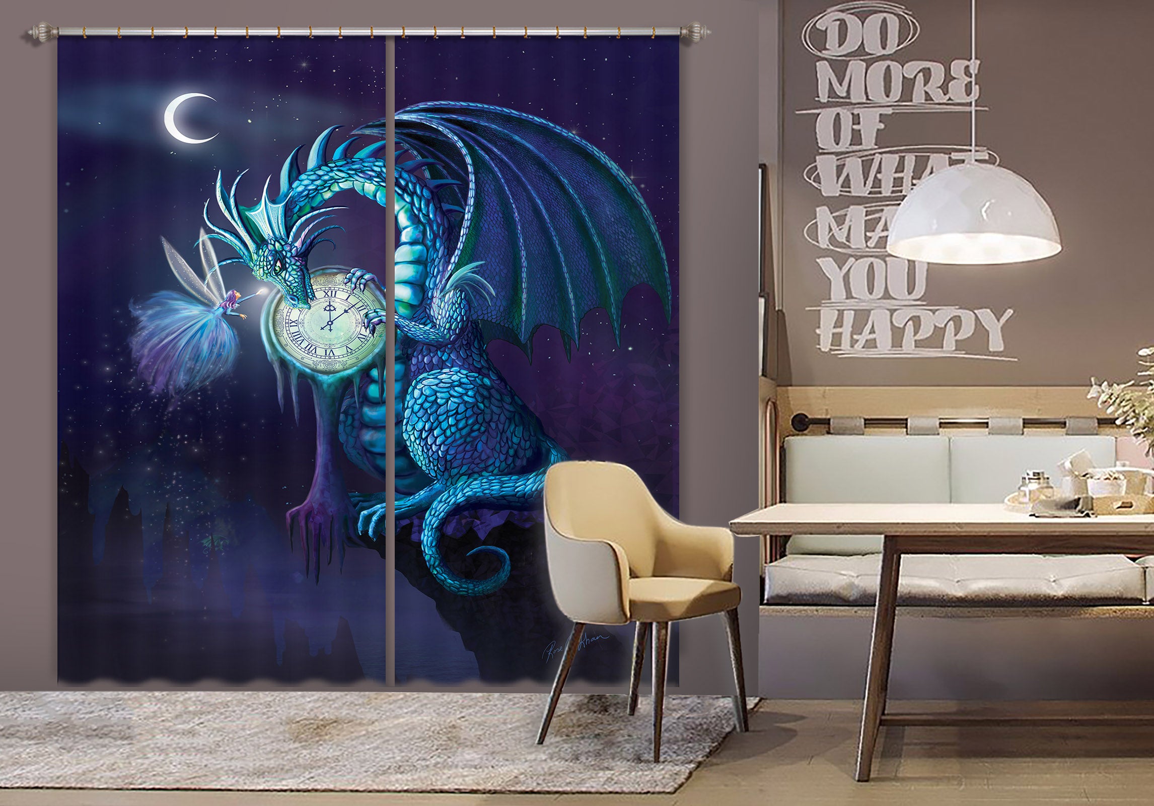 3D Dragon Clock 124 Rose Catherine Khan Curtain Curtains Drapes