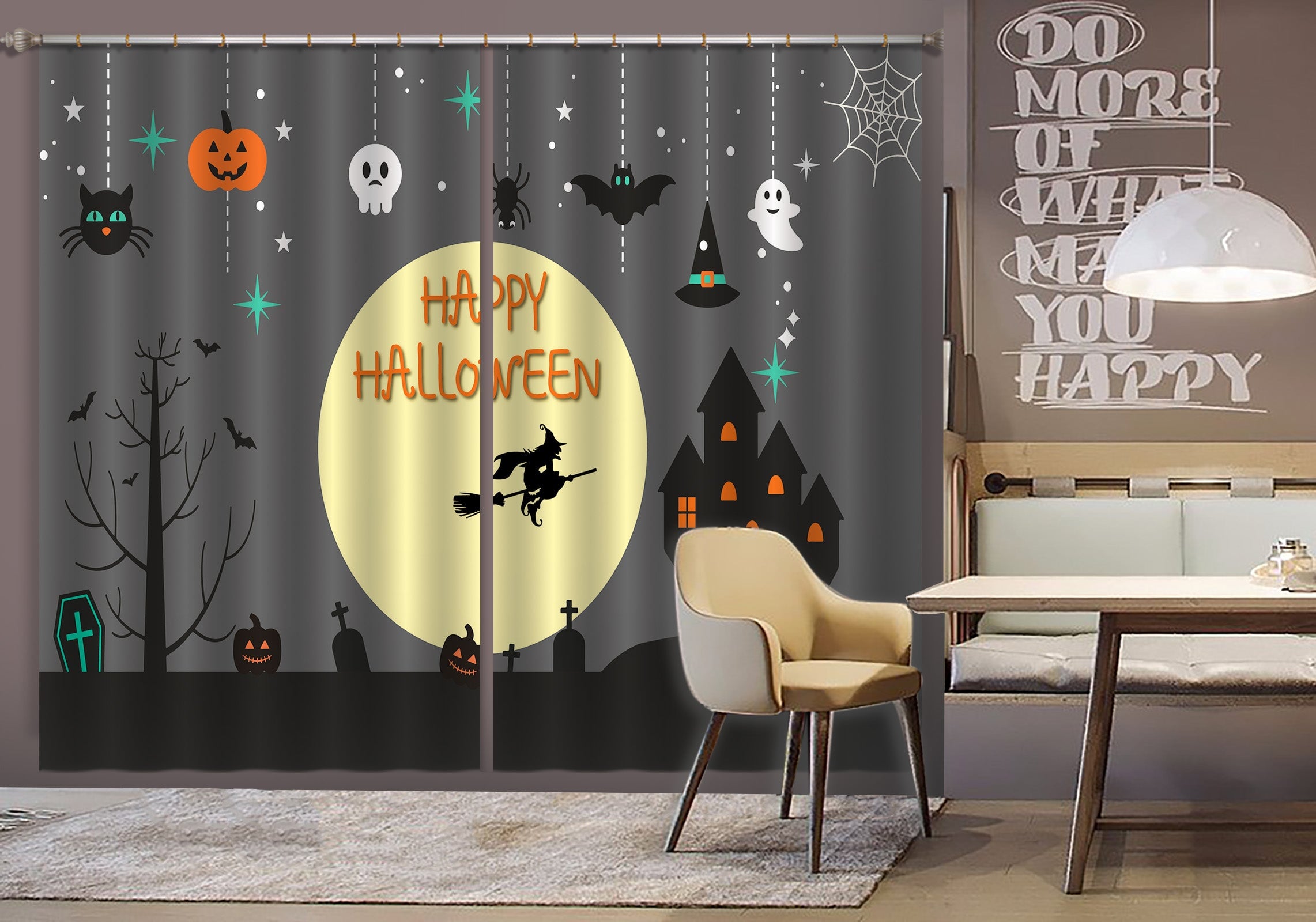 3D Skull Spider Witch 756 Halloween Curtains Drapes Curtains AJ Creativity Home 