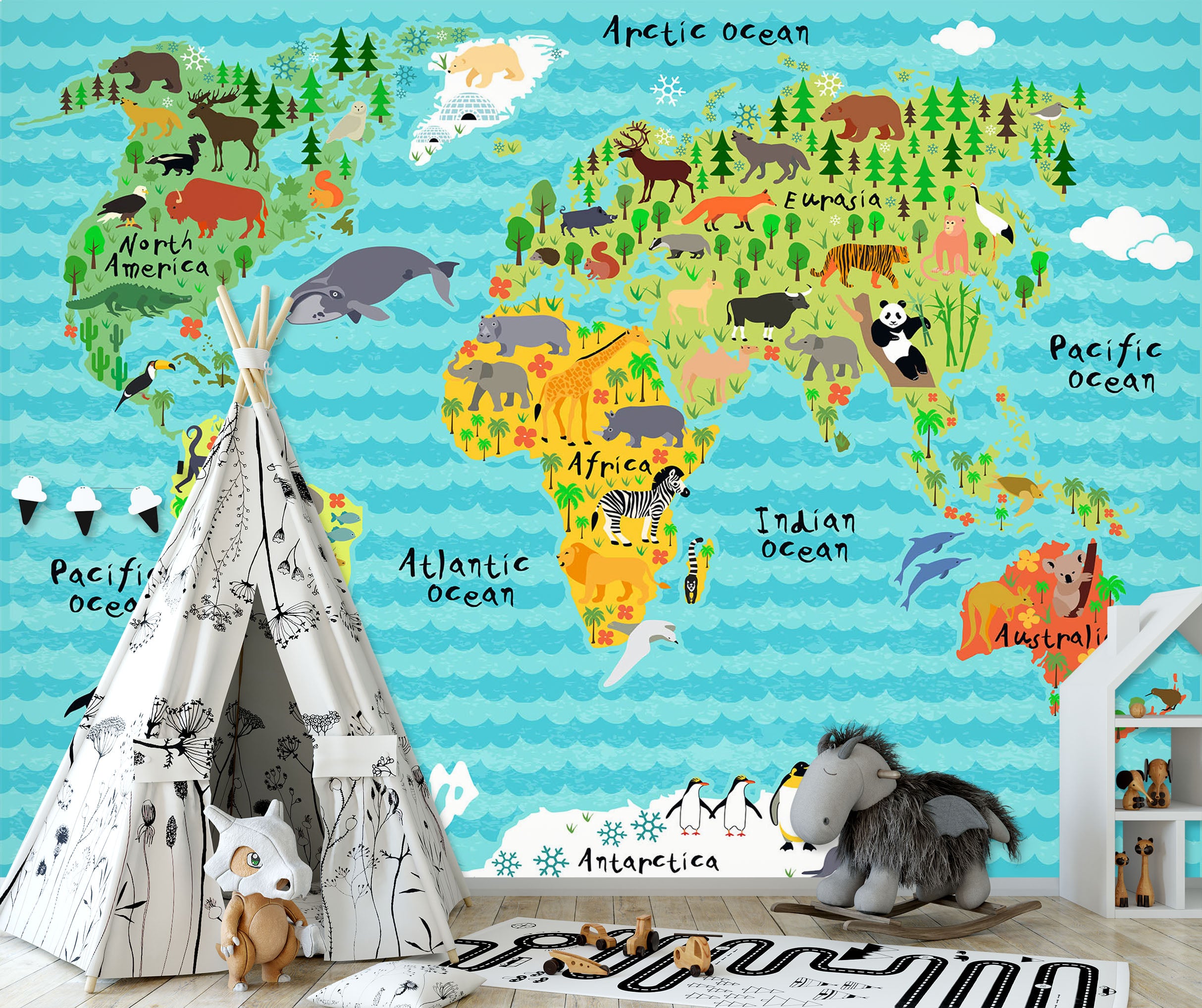 3D Animal Oasis 2046 World Map Wall Murals