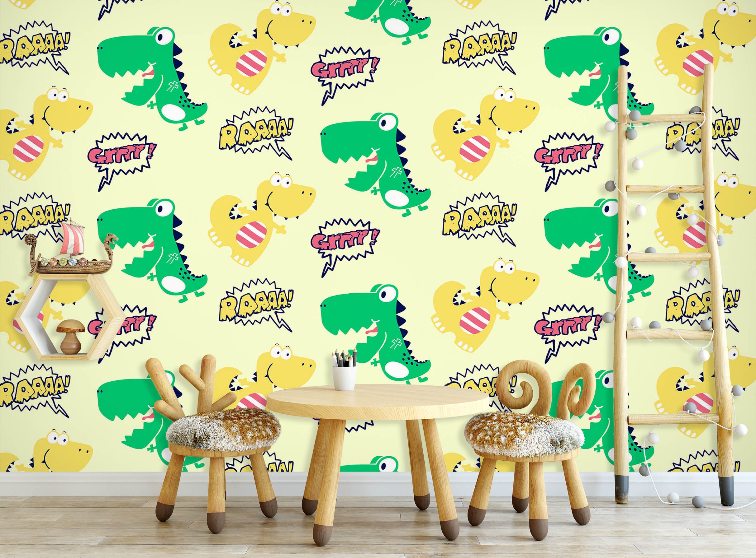 3D Yellow-Green Dinosaur Pattern 57068 Wall Murals