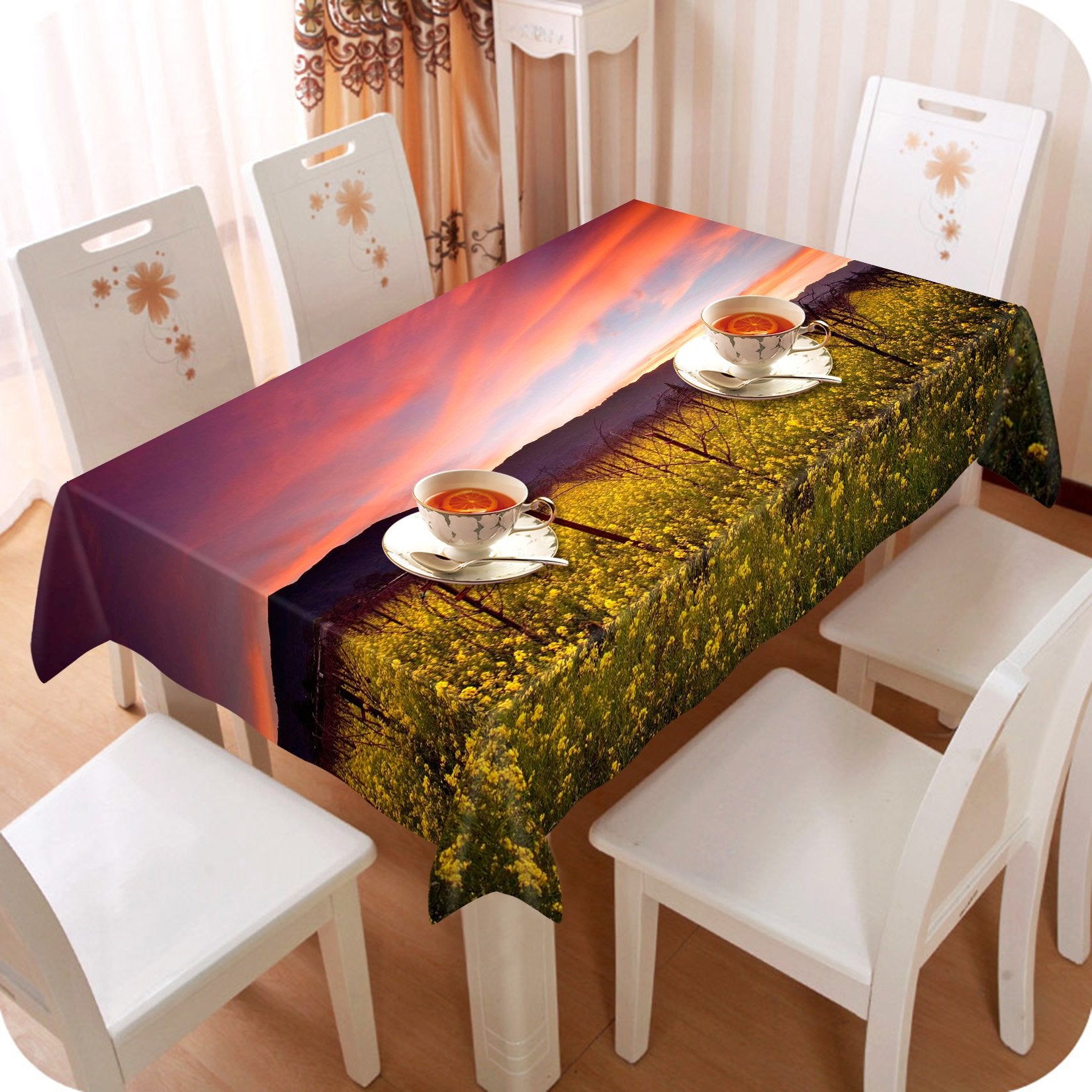 3D Flowers Field Sunset Glows 419 Tablecloths