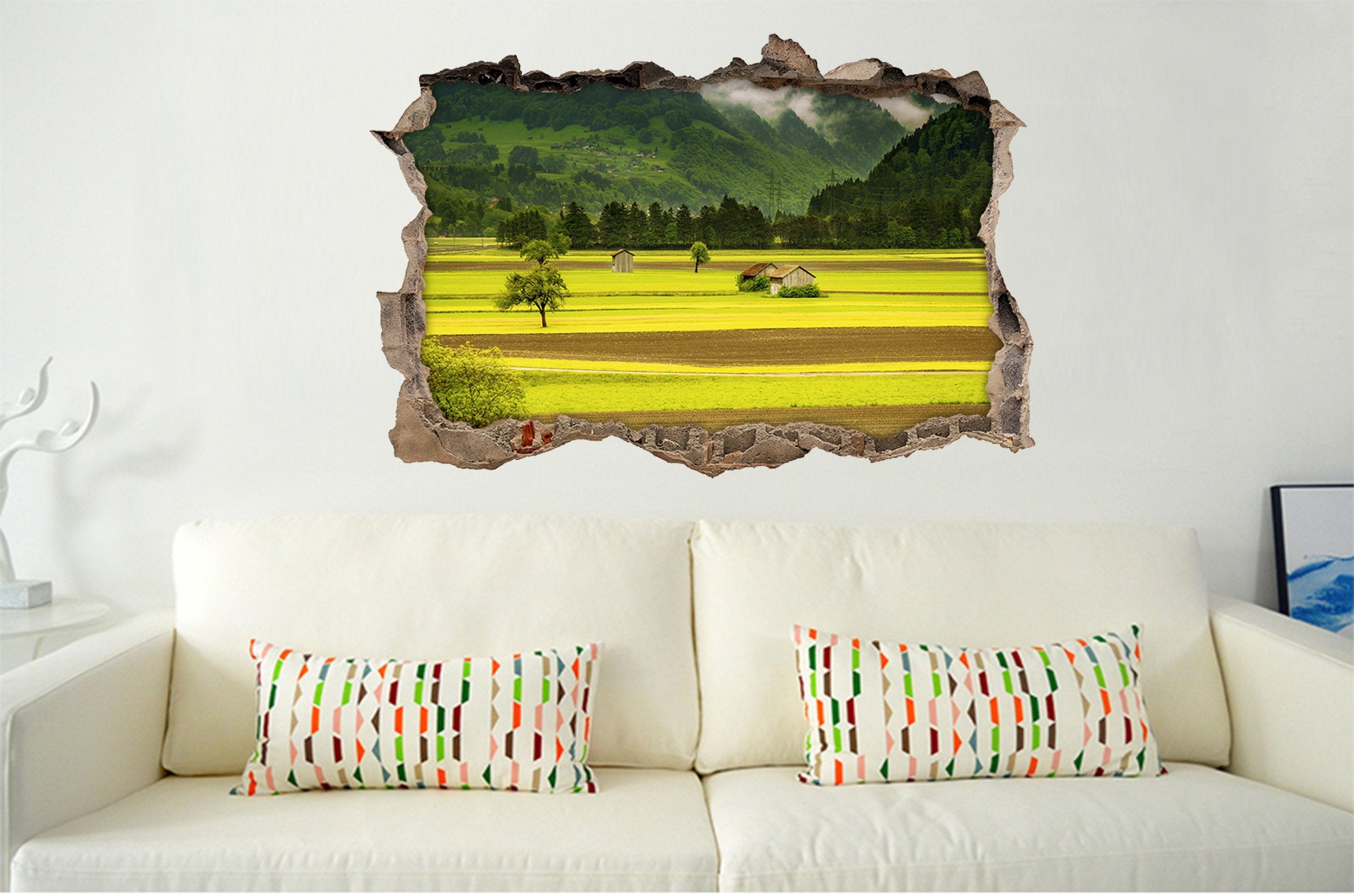 3D Mountain Farmland Cottages 037 Broken Wall Murals Wallpaper AJ Wallpaper 