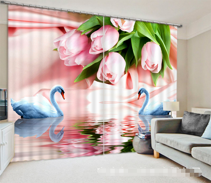 3D Flowers And Swans 1317 Curtains Drapes Wallpaper AJ Wallpaper 