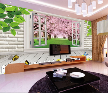 Window Pink Trees Wallpaper AJ Wallpaper 