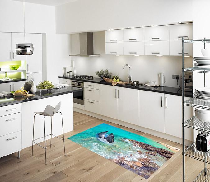 3D Seaside Dolphins 023 Kitchen Mat Floor Mural Wallpaper AJ Wallpaper 