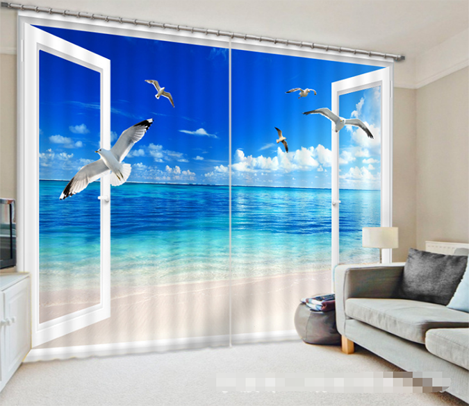 3D Window Sea Seagulls 1272 Curtains Drapes Wallpaper AJ Wallpaper 