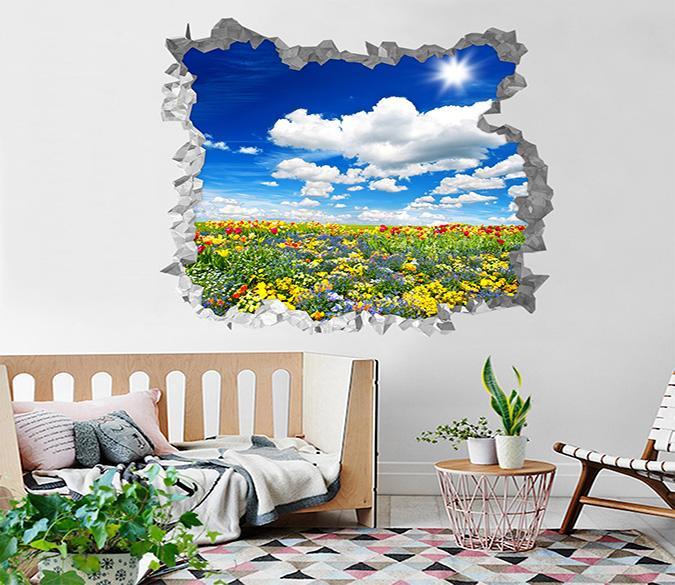 3D Flowers Field White Clouds 211 Broken Wall Murals Wallpaper AJ Wallpaper 