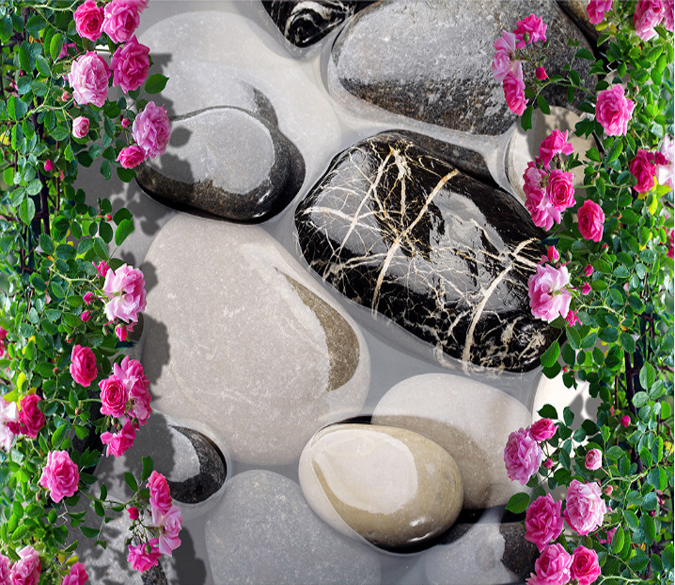 3D Pebbles And Roses Floor Mural Wallpaper AJ Wallpaper 2 
