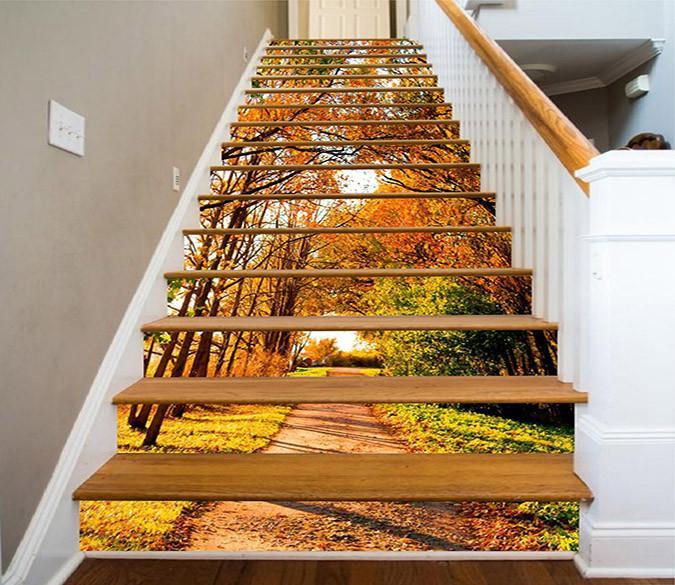 3D Autumn Trees Path 1457 Stair Risers Wallpaper AJ Wallpaper 