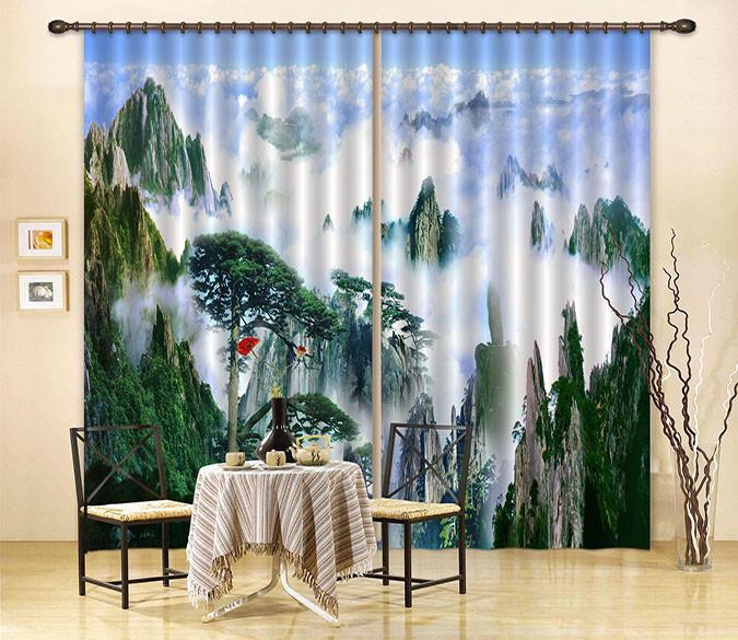 3D Foggy Mountains Scenery 197 Curtains Drapes Wallpaper AJ Wallpaper 